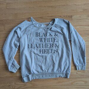 EUC Chaser Distressed Black White Leather & Heels Sweatshirt Women's Large Gray